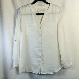 Chico's 100% linen button up top womens Size 0 white sequins lace roll tab